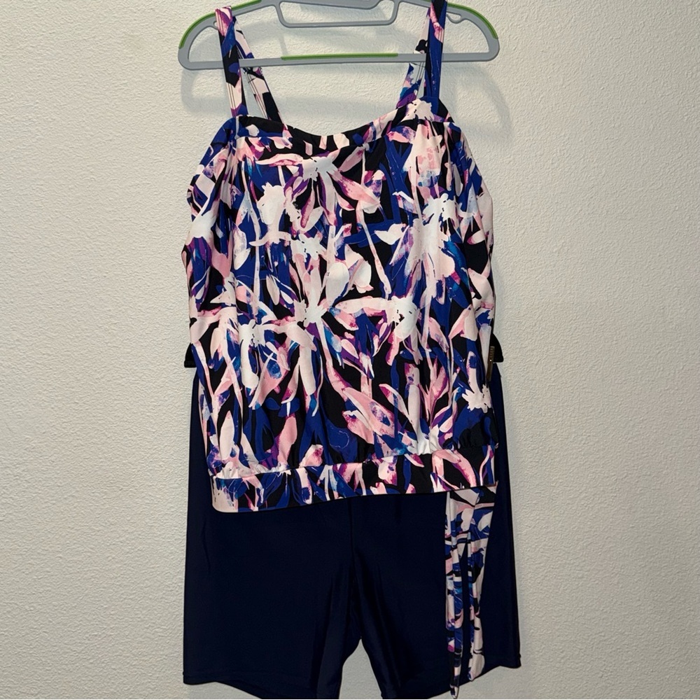 Swimsuits For All Blue and White Swim Set shorts tankini bra top 18 plus